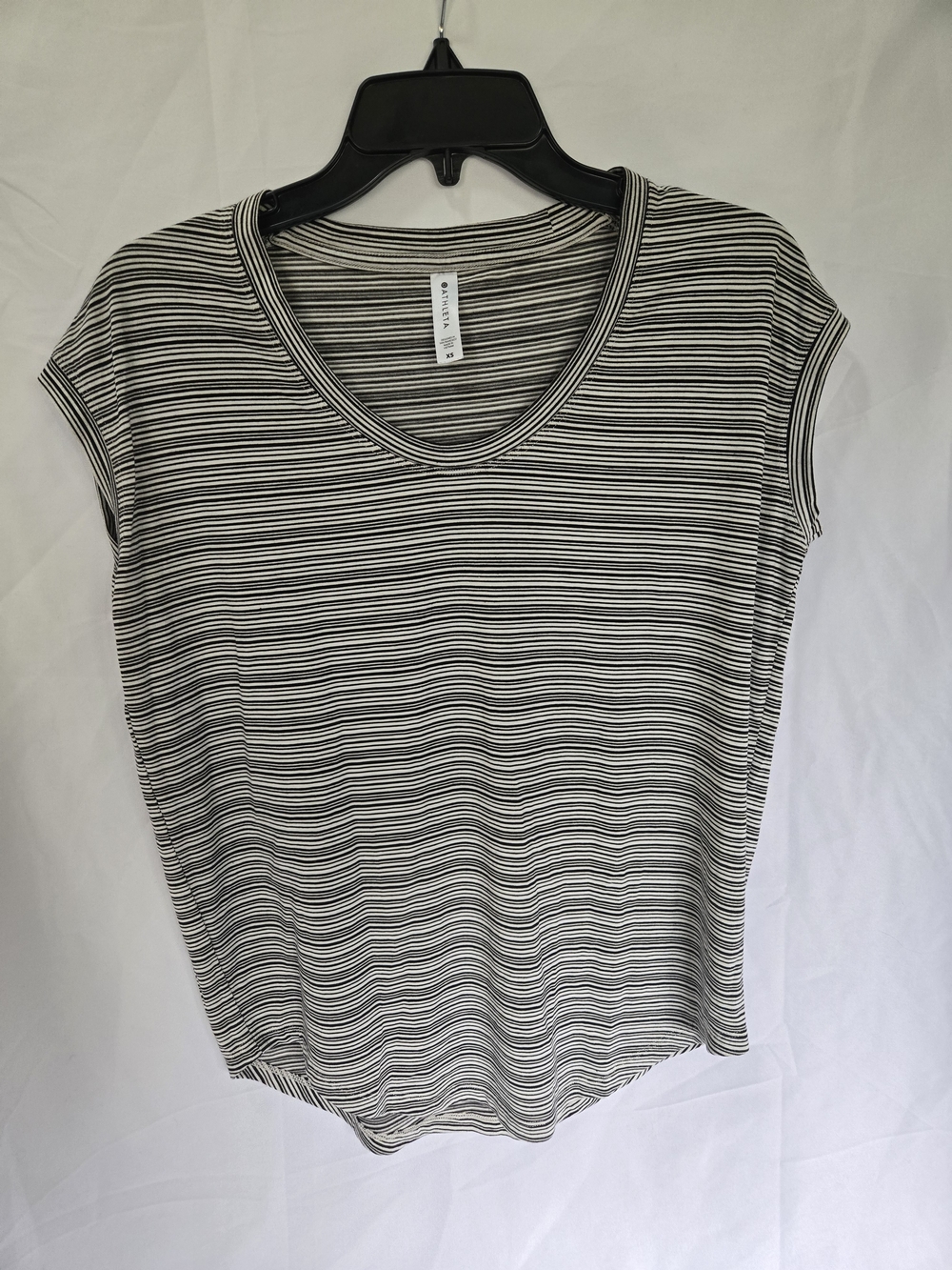 Athleta Black and White Striped V-Neck Short Sleeve Tee
